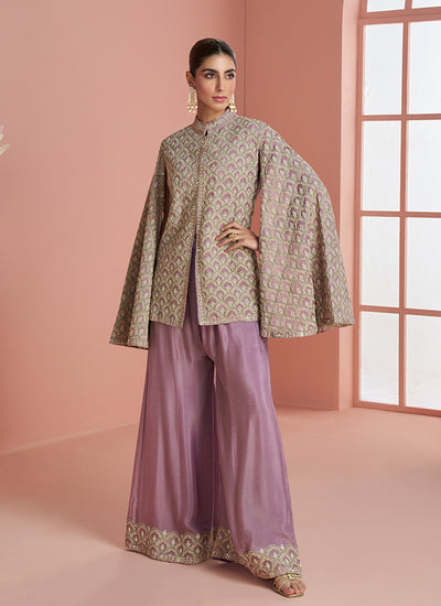 Mauve Purple Embroidery Cape Top And Palazzo Set