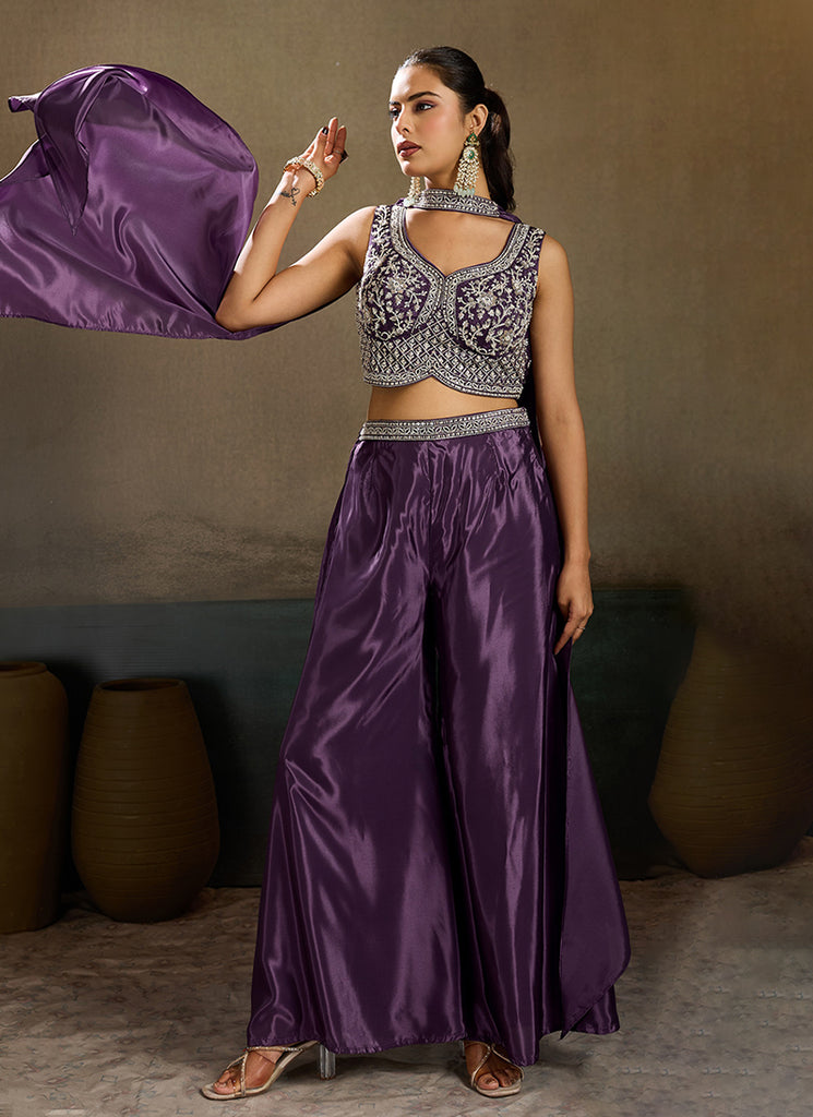 Purple Handwork Embroidery Palazzo Set