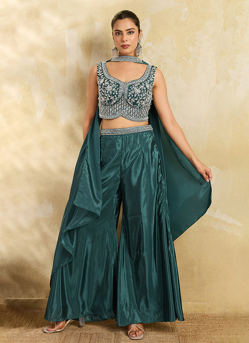 Teal Green Handwork Embroidery Palazzo Set