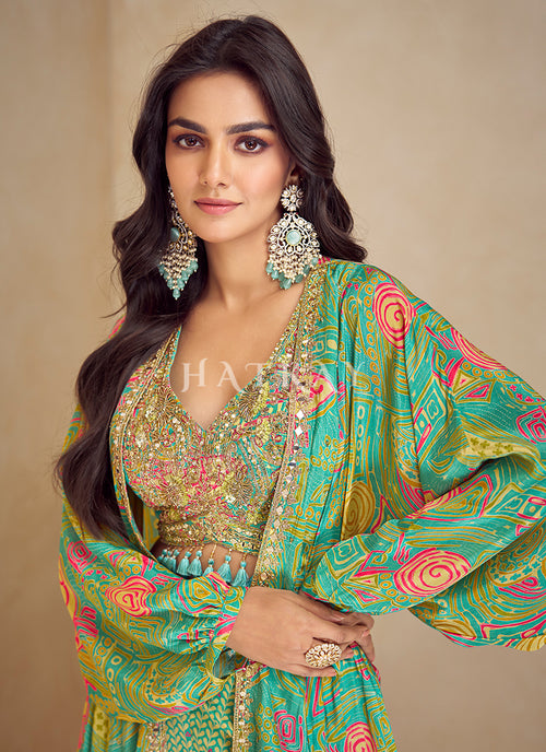 Green Indo Western Dress - Hatkay