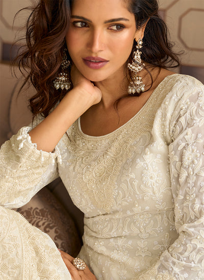 Cream White Handwork Embroidery Palazzo Style Suit