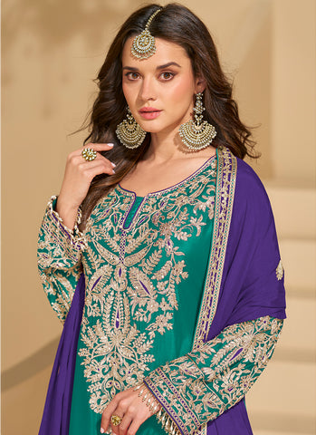 Teal Green Embroidered Designer Palazzo Suit