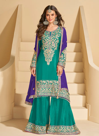 Teal Green Embroidered Designer Palazzo Suit
