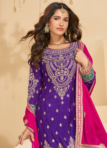 Purple And Teal Embroidered Designer Palazzo Suit