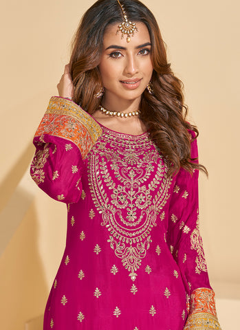 Magenta And Yellow Embroidered Designer Palazzo Suit