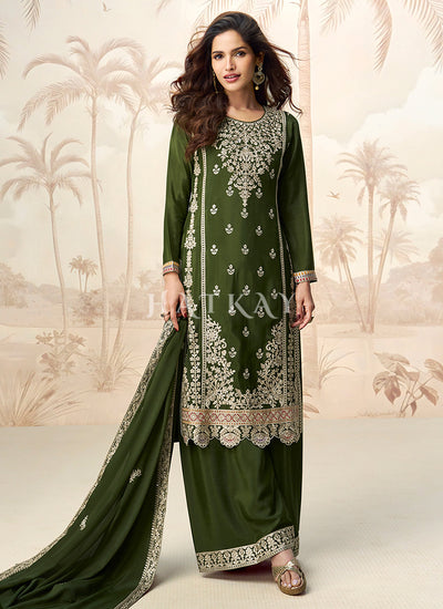 Olive Green Silk Palazzo Suit