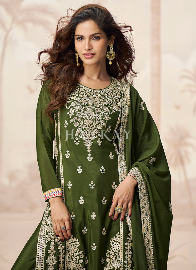 Olive Green Silk Palazzo Suit In UK