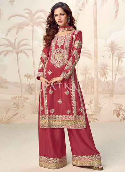 Crimson Red Silk Palazzo Suit