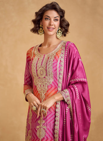 Pink And Orange Ombre Embroidered Palazzo Suit