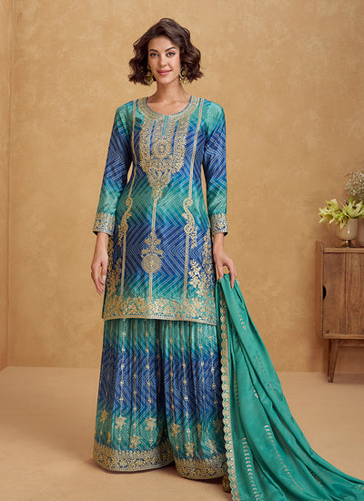 Blue And Turquoise Ombre Palazzo Suit