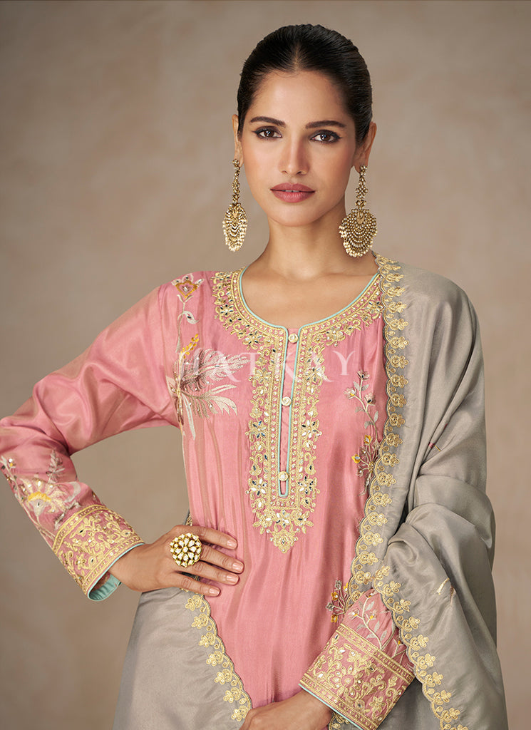 Traditional Floral Palazzo Suit With Embroidery