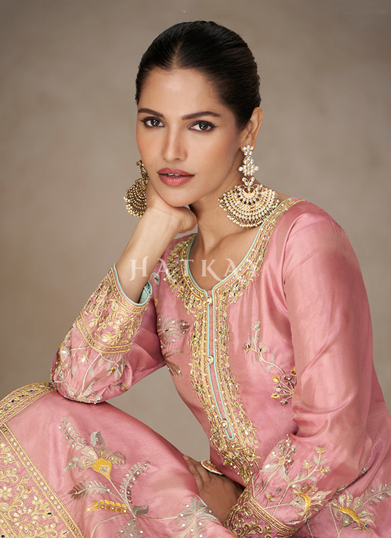 Elegant Pink Grey Partywear palazzo Set For Women