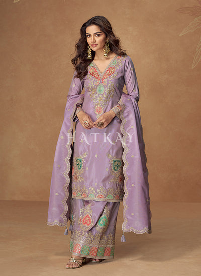 Purple Embroidery Palazzo Suit