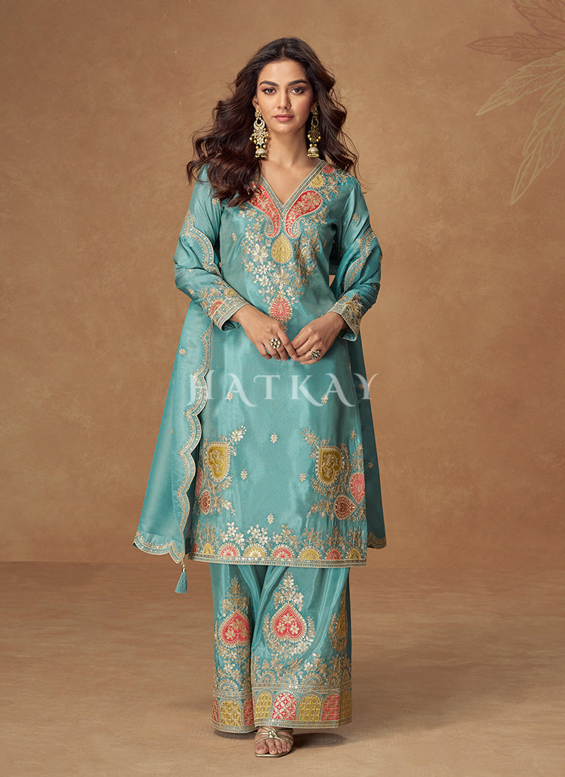  Blue Silk Palazzo Suit