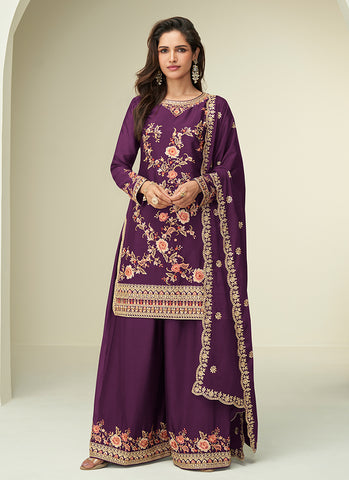 Purple Floral Embroidery Designer Palazzo Suit