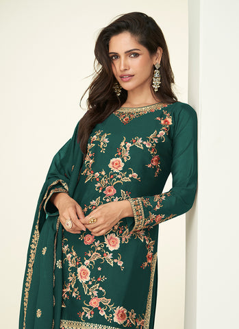 Green Floral Embroidery Designer Palazzo Suit