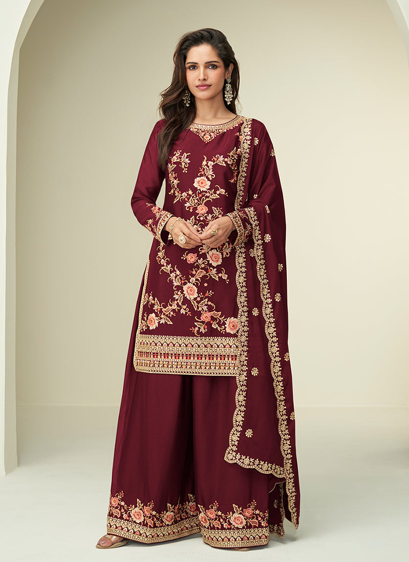 Maroon Designer Palazzo Suit