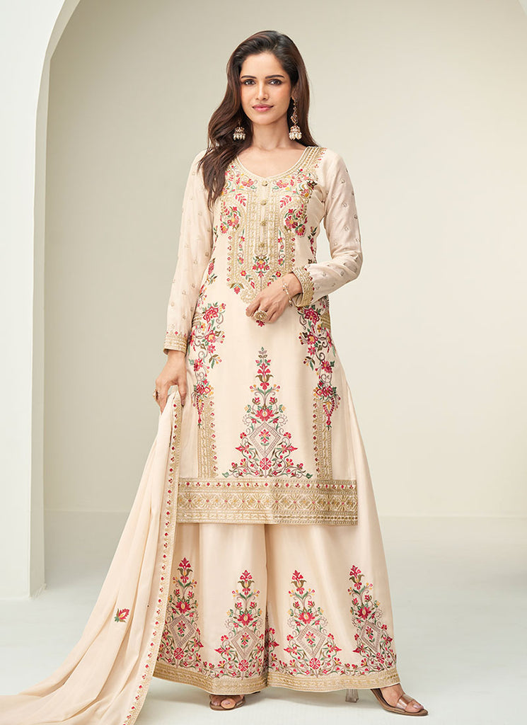 Off White Embroidery Festive Palazzo Suit