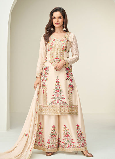 Off White Embroidery Festive Palazzo Suit