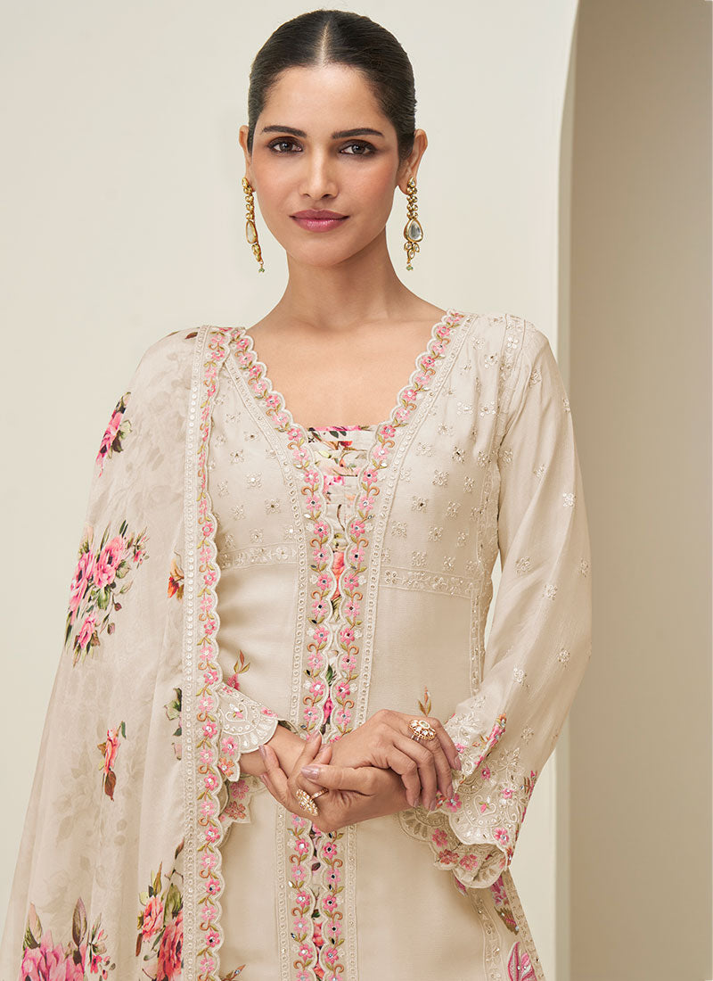 Shop Cream Beige Floral Plazzo Suit In Australia