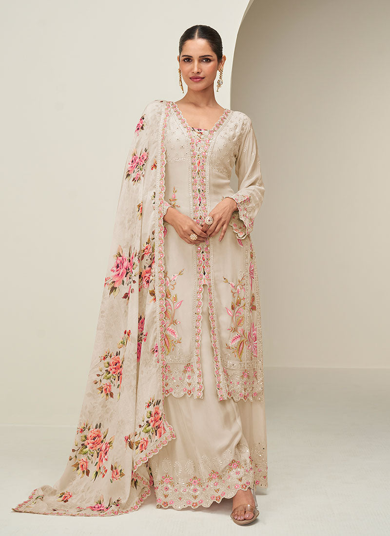 Cream Beige Floral Slit Style Kurta Palazzo Suit
