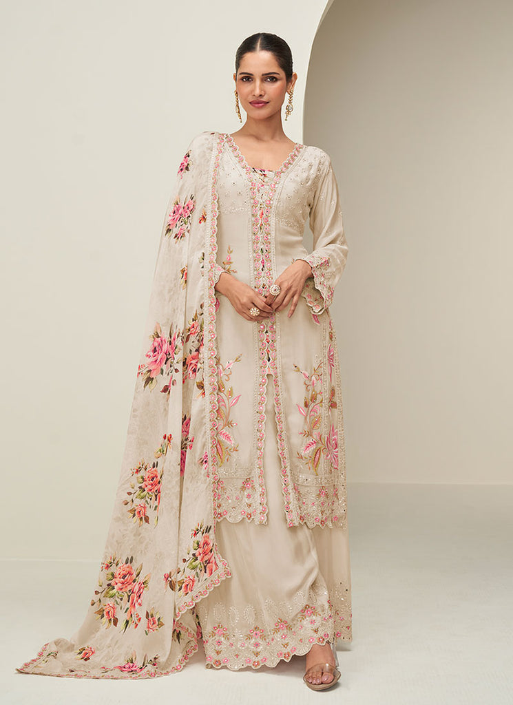 Cream Beige Floral Slit Style Kurta Palazzo Suit