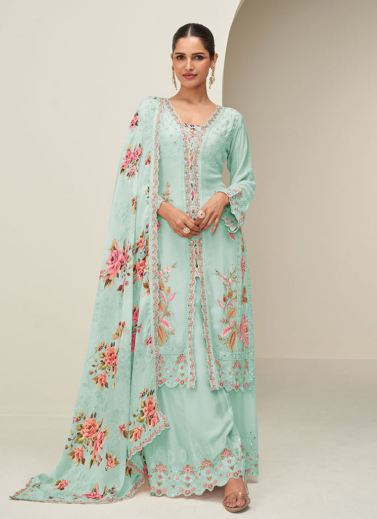 Sea Green Floral Slit Style Kurta Palazzo Suit