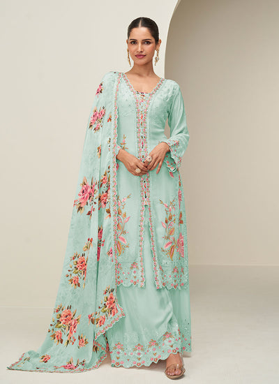 Sea Green Floral Slit Style Kurta Palazzo Suit