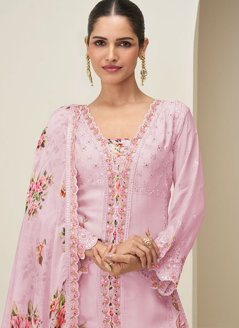 Shop Light Pink Floral Plazzo Suit In UK