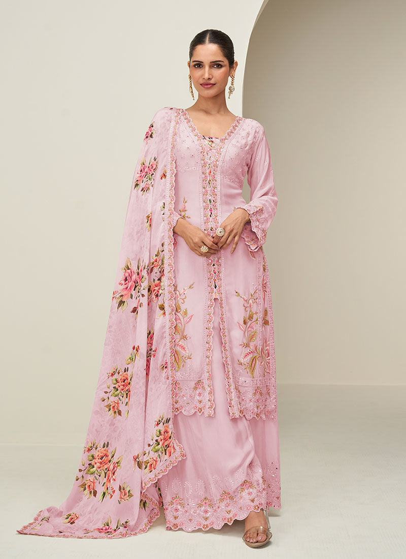 Light Pink Floral Slit Style Kurta Palazzo Suit