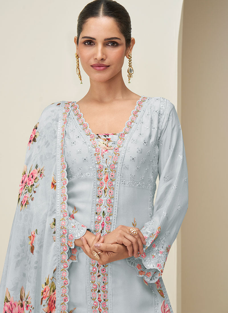 Buy Light Blue Floral Plazzo Suit In USA