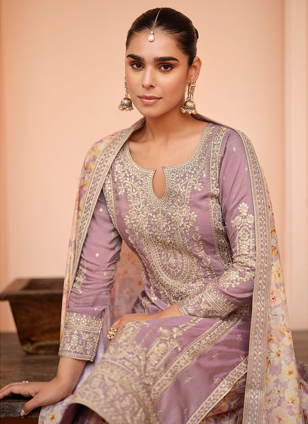 Mauve Purple Embroidered Palazzo Suit
