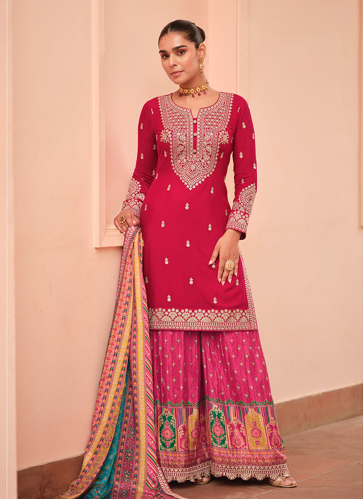 Crimson Multicolored Embroidered Palazzo Suit
