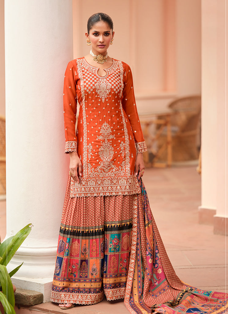 Orange Multicolored Embroidered Palazzo Suit