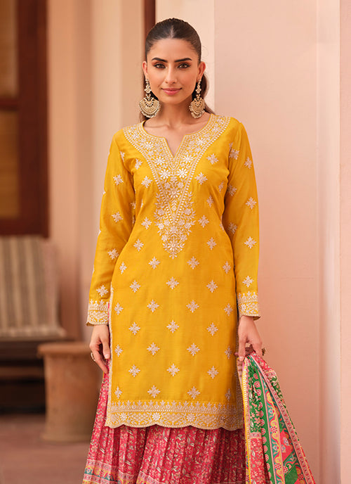 Yellow and Red Embroidered Palazzo Suit