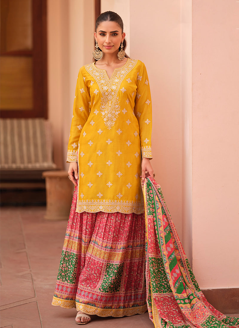Yellow and Red Embroidered Palazzo Suit
