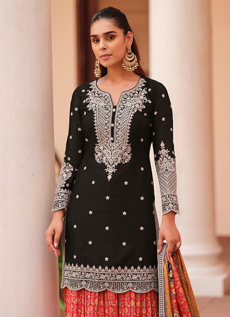 Black Multicolored Embroidered Palazzo Suit