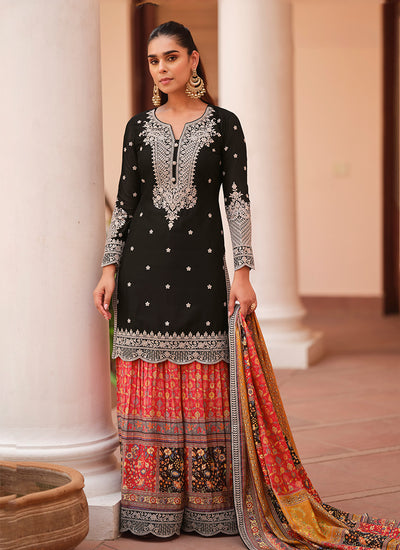 Black Multicolored Embroidered Palazzo Suit