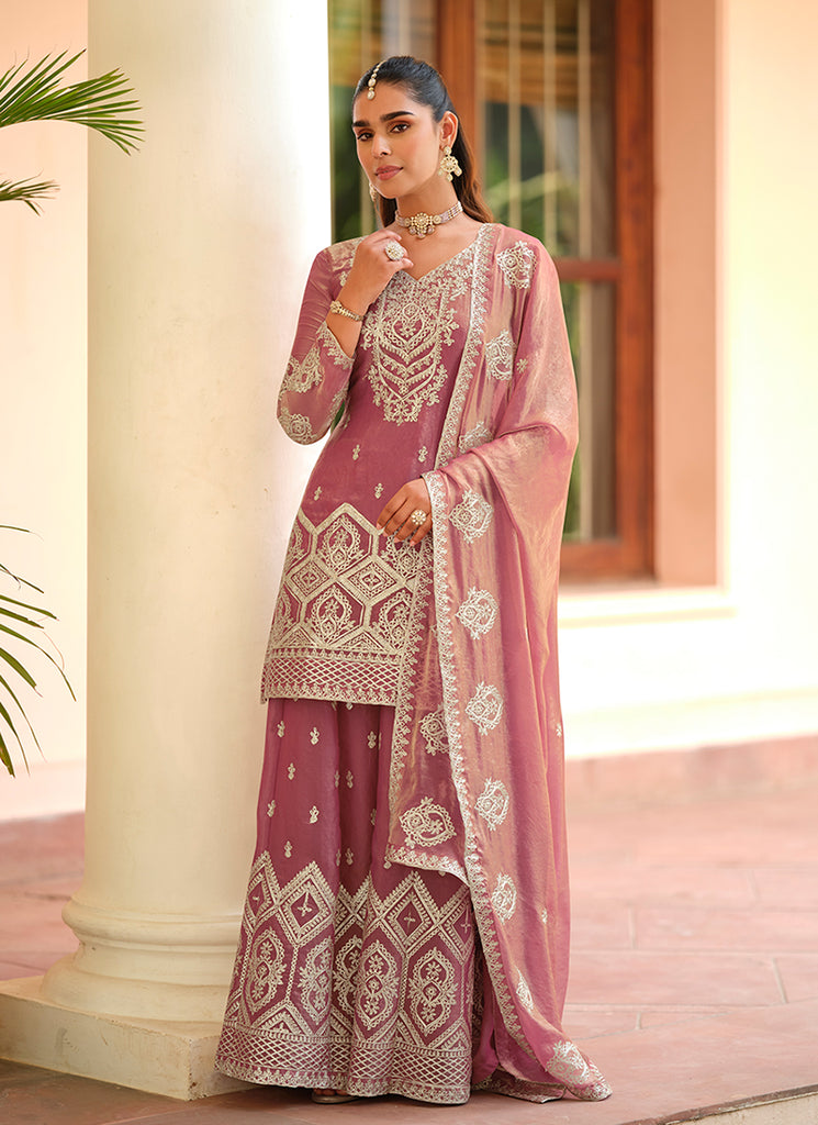 Pink Golden Embroidery Festive Palazzo Style Suit