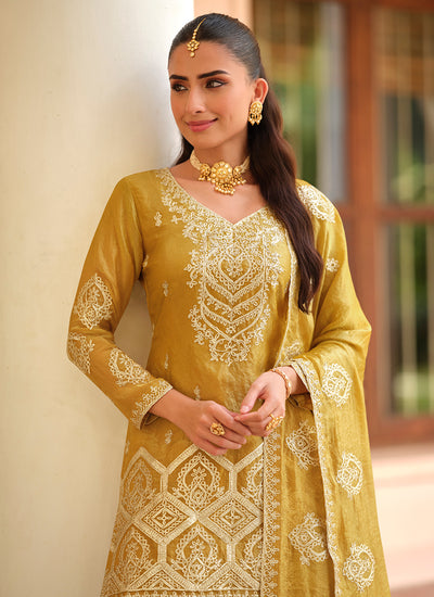 Golden Yellow Embroidery Festive Palazzo Style Suit