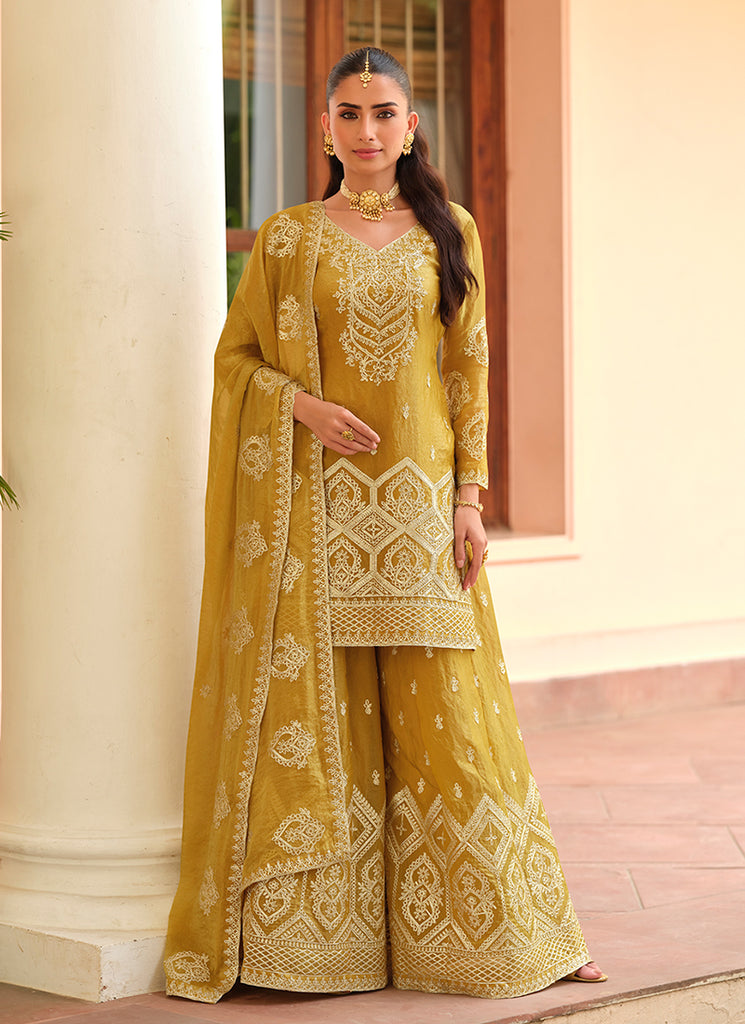 Golden Yellow Embroidery Festive Palazzo Style Suit