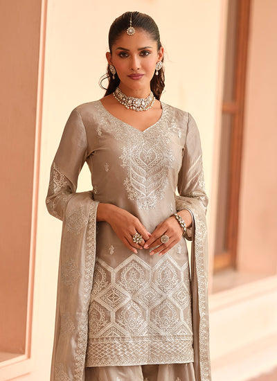 Cream Beige Golden Embroidery Festive Palazzo Style Suit