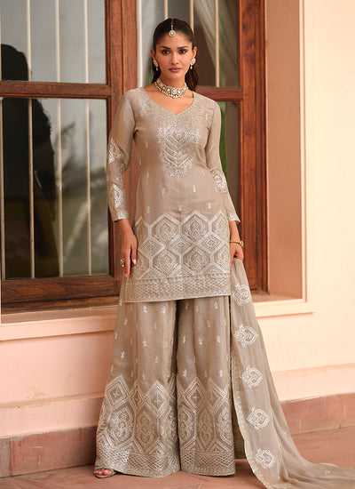 Cream Beige Golden Embroidery Festive Palazzo Style Suit