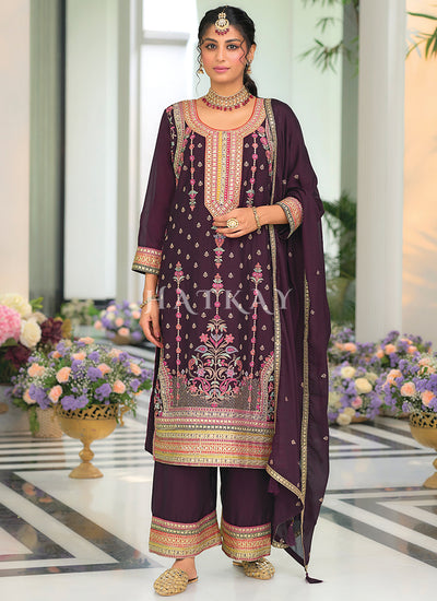 Deep Purple Multi Embroidery Palazzo Suit