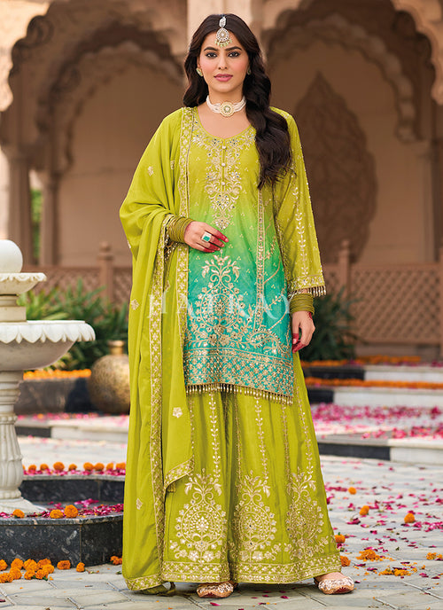 Lime Green And Teal Ombré Palazzo Suit