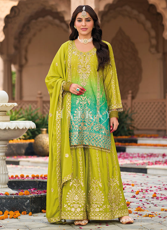 Lime Green And Teal Ombré Palazzo Suit