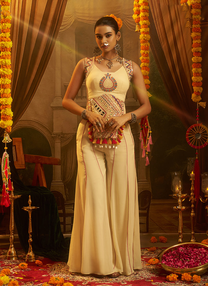 Ivory Embroidered Georgette Palazzo Suit