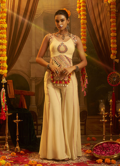 Ivory Embroidered Georgette Palazzo Suit