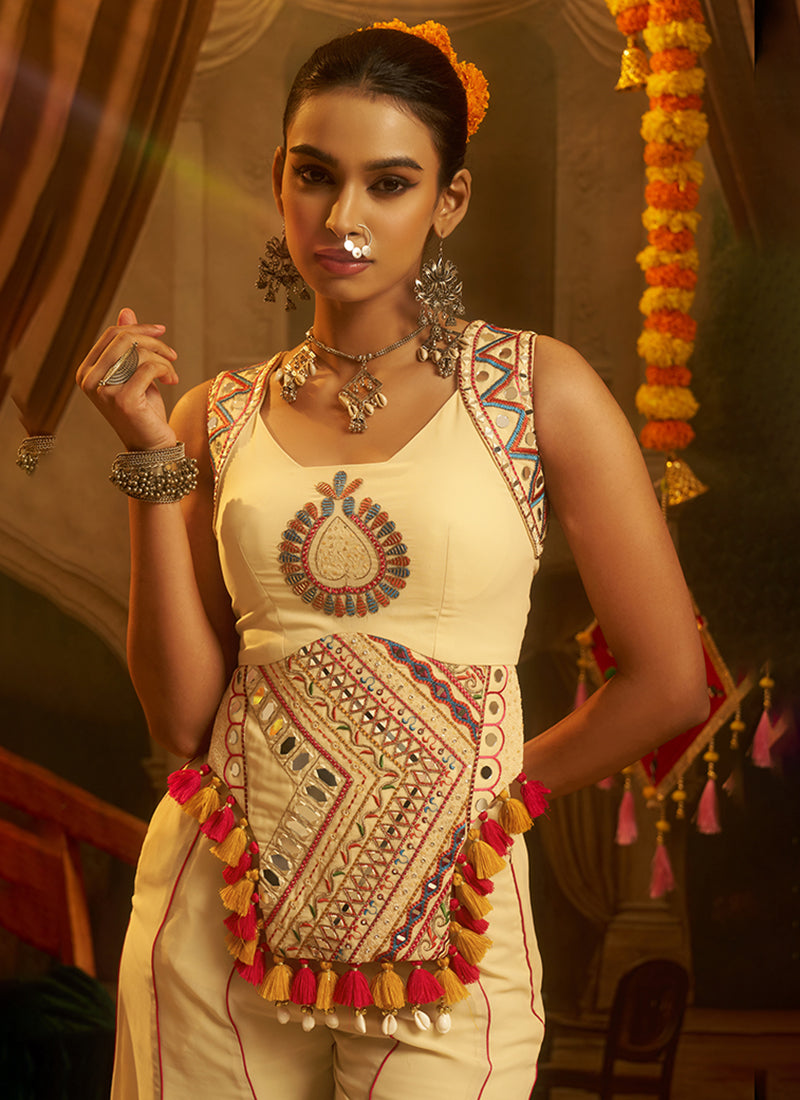 Ivory Embroidered Georgette Palazzo Suit