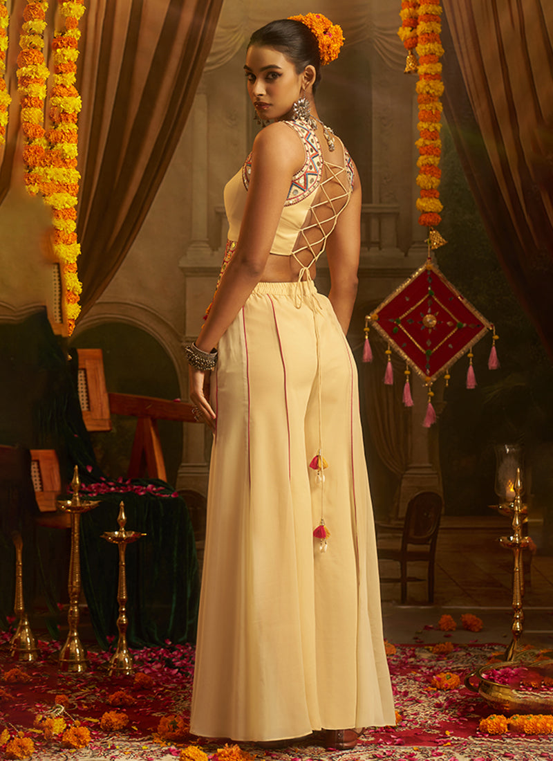Ivory Embroidered Georgette Palazzo Suit